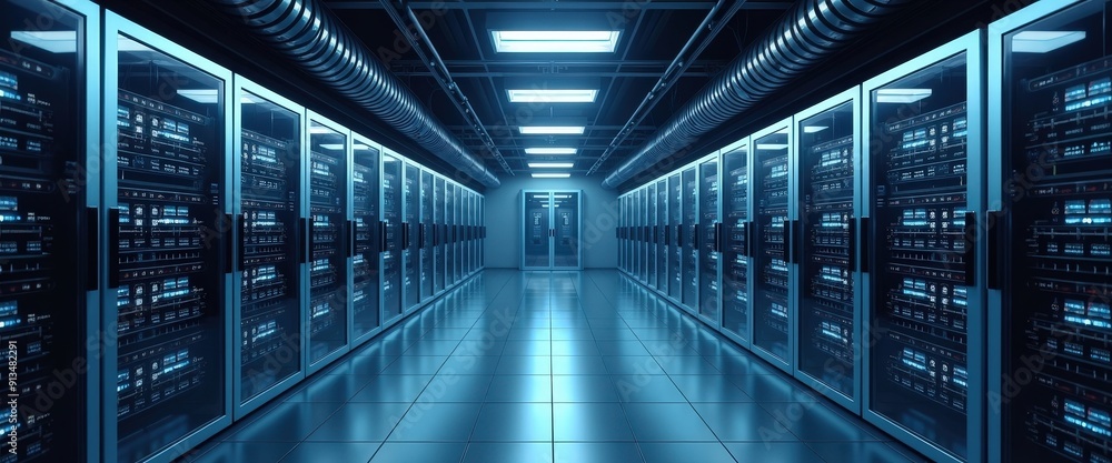 Fototapeta premium Server Room Corridor with Blue Lighting.