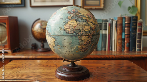 A globe sits on a wooden table next to a bookcase. The globe is old and has a wooden base. The bookcase is filled with books, some of which are on the table. The scene gives off a cozy