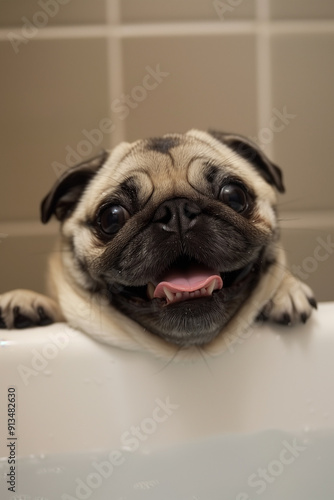  Happy pug smiling in bathtub, enjoying a relaxing bath time experience