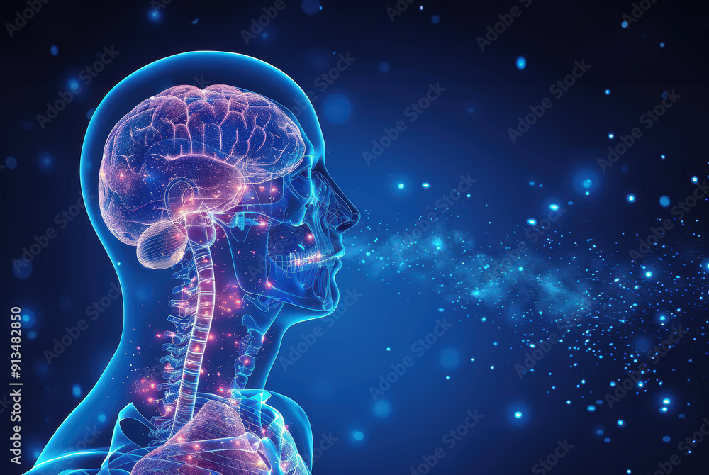 A man's brain is shown in a blue and pink color scheme. The brain is surrounded by a cloud of blue and pink particles, which represent the brain's neurons