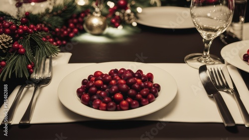 Christmas dinner table set with cranberries pinecones and fine china.