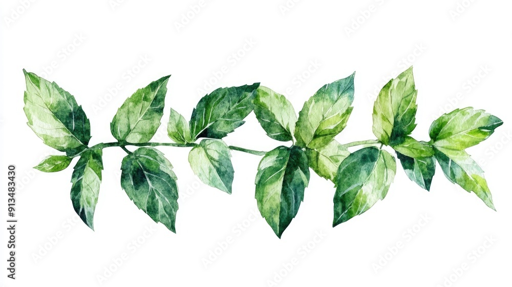Fototapeta premium Mint Sprig Watercolor Botanical Plant Icon on White Background Fresh and Green Mint Leaf Clipart Minimalist Floral Design Element for Cooking Beauty Wellness Branding