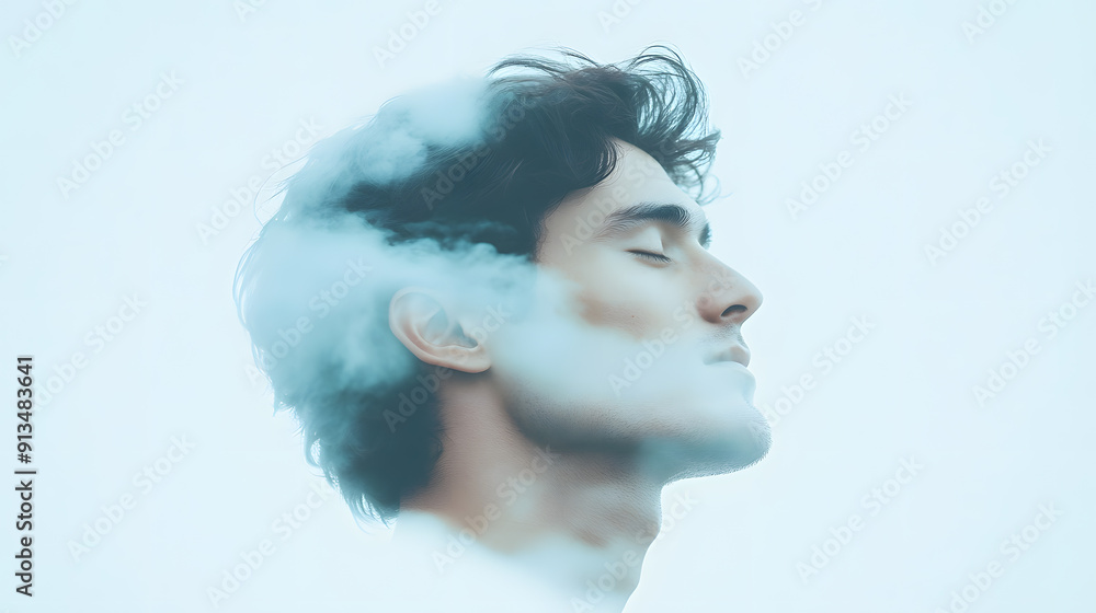 A man’s head covered by toxic smog, the dangers of air quality pollution. The modern environmental crisis, climate change, atmosphere concern, and harmful from breathe. Isolated on a background. A man’s head covered by toxic smog, the dangers of air quality pollution. The modern environmental crisis, climate change, atmosphere concern, and harmful from breathe. Isolated on a background.