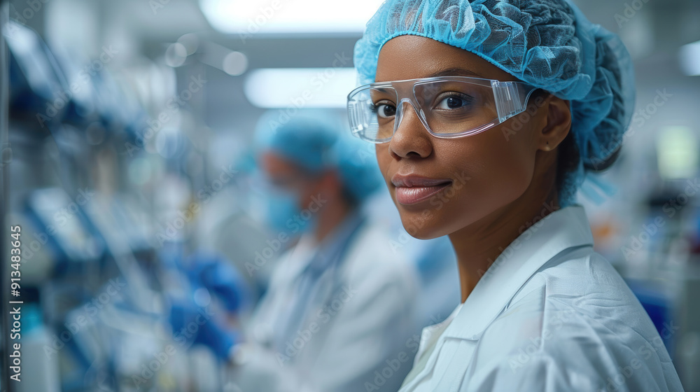 A woman wearing a blue cap and a white lab coat is smiling at the camera. She is wearing a pair of safety glasses and a blue surgical cap A woman wearing a blue cap and a white lab coat is smiling at the camera. She is wearing a pair of safety glasses and a blue surgical cap