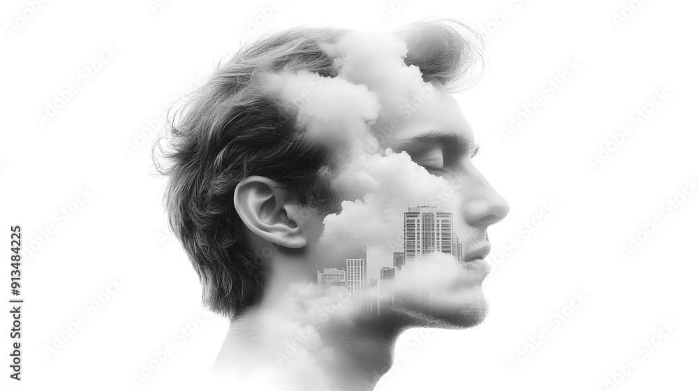 Double exposure of a man with urban architecture and smoke, in monochrome. The pervasive issue of city pollution, isolated on a white background, urban air pollution and environmental concerns. Double exposure of a man with urban architecture and smoke, in monochrome. The pervasive issue of city pollution, isolated on a white background, urban air pollution and environmental concerns.