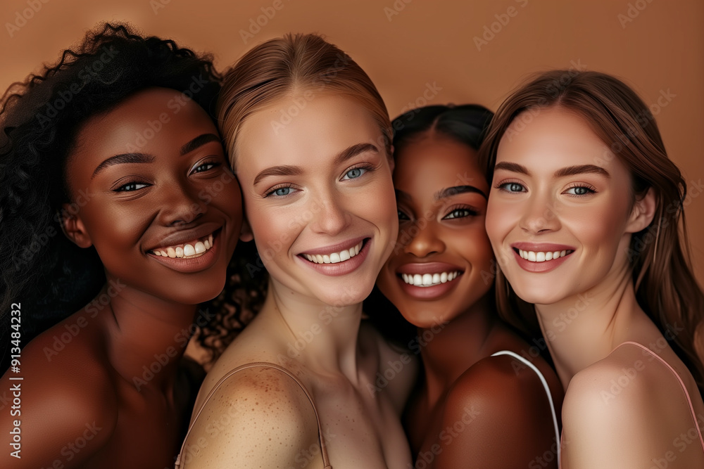 Diverse women posing happily with makeup on brown studio background Diverse women posing happily with makeup on brown studio background