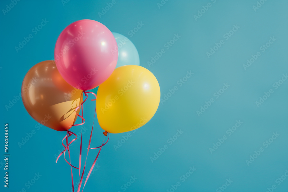 Festive pink, blue, orange, yellow balloons on a blue background. Birthday, holiday, celebration. Copyspace for your text. Banner, poster, postcard. Festive pink, blue, orange, yellow balloons on a blue background. Birthday, holiday, celebration. Copyspace for your text. Banner, poster, postcard.