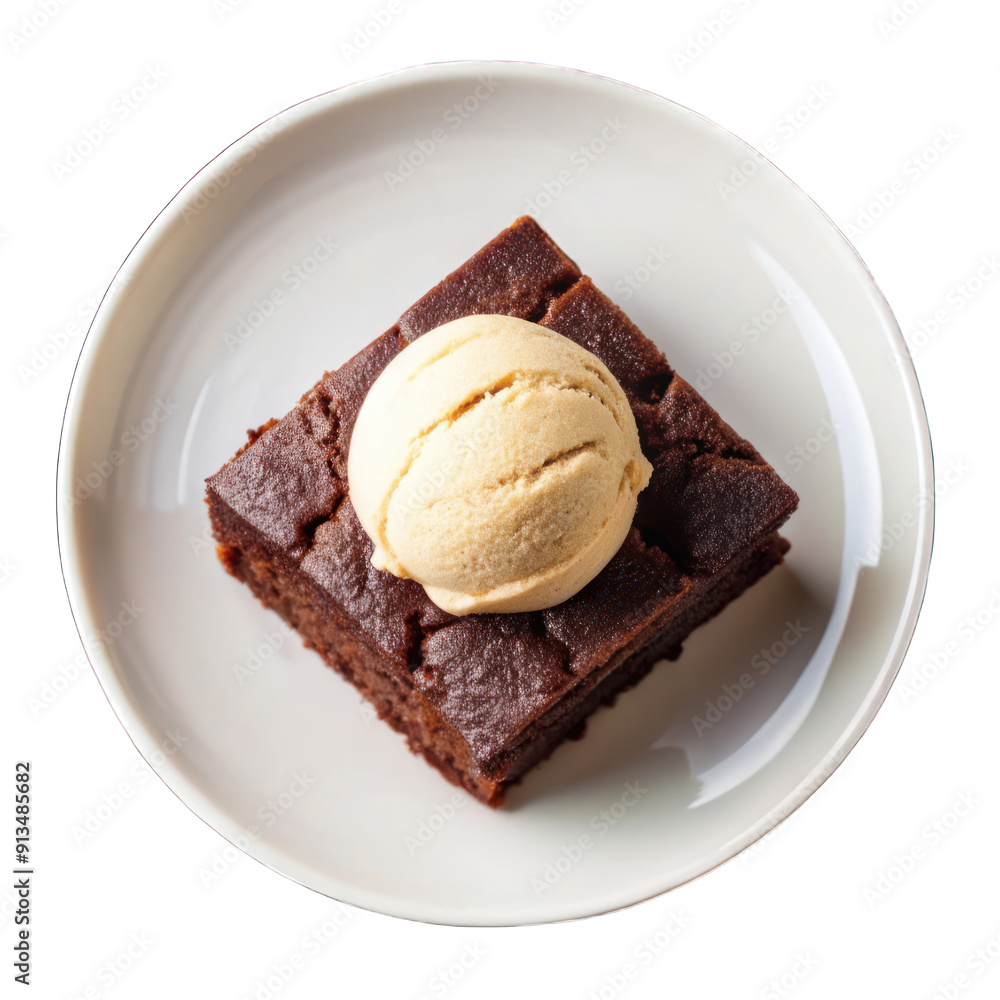 Chocolate brownie cake with vanilla ice cream on white plate on transparent Chocolate brownie cake with vanilla ice cream on white plate on transparent