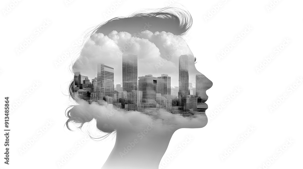 A woman with buildings and smoke in double exposure, urban pollution. The isolated composition on a white background emphasizes the stark contrast between nature and industrialization in monochrome. A woman with buildings and smoke in double exposure, urban pollution. The isolated composition on a white background emphasizes the stark contrast between nature and industrialization in monochrome.
