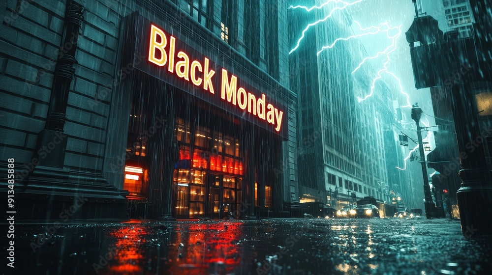 Obraz premium Black Monday stock market crash sign in the rain with lightning striking financial district