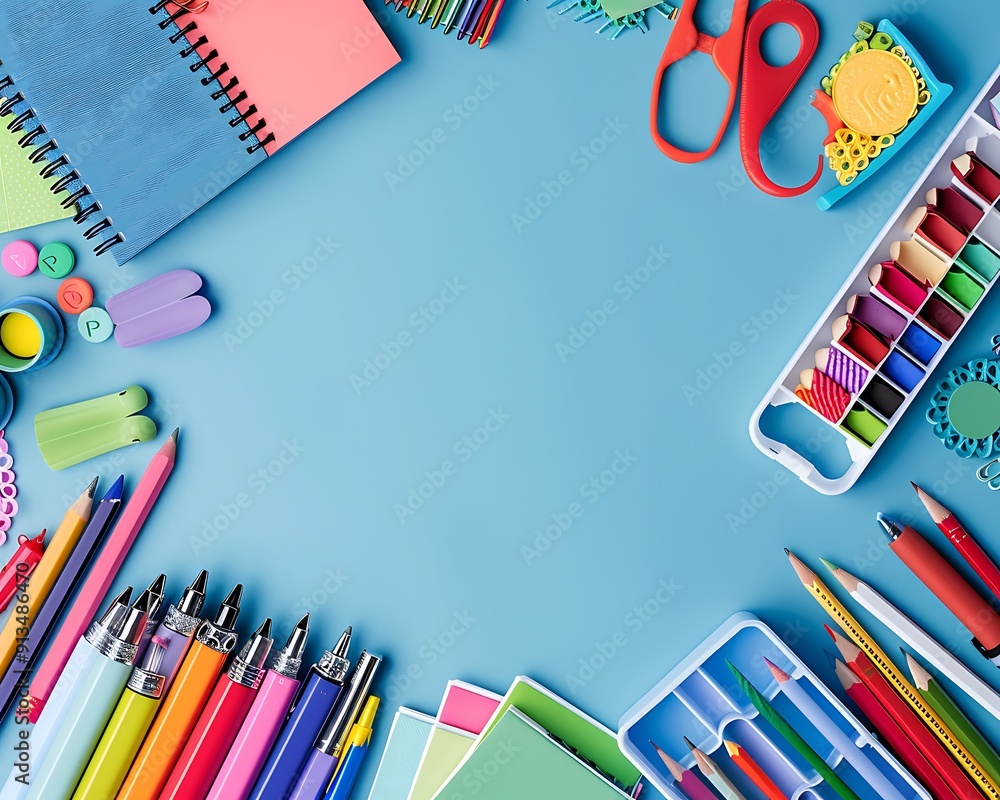Fototapeta premium Digital flat lay of colorful school supplies on a blue background, with space for text, soft shadows, clear and vibrant.