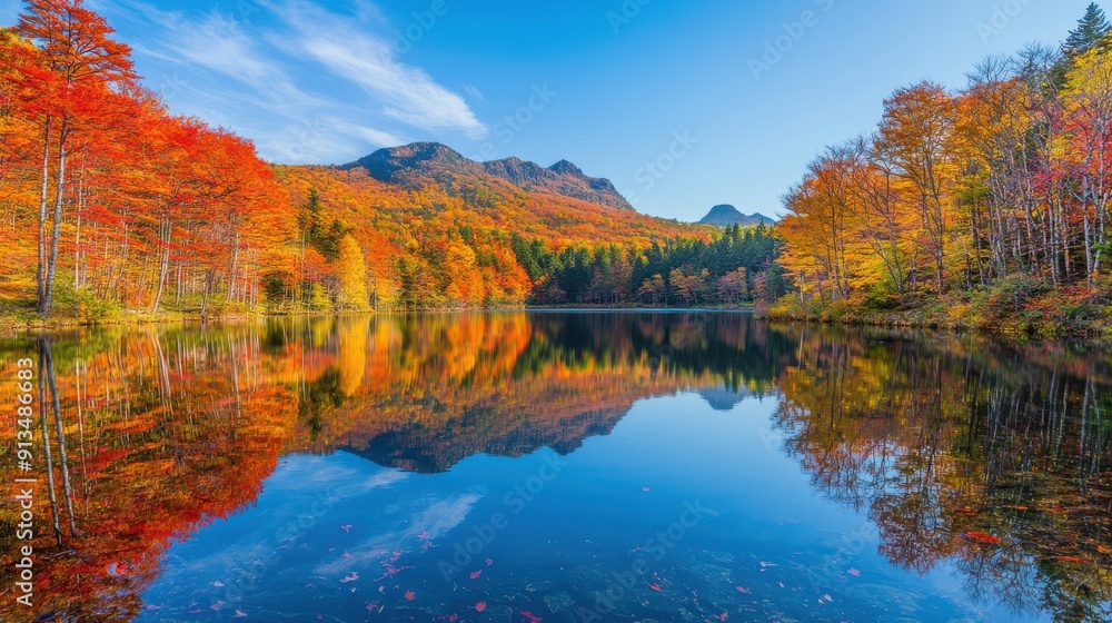 Panoramic view of a tranquil mountain lake surrounded by autumn foliage, with reflections of colorful trees on the water's surface. The scene captures the beauty of nature and the changing seasons, Panoramic view of a tranquil mountain lake surrounded by autumn foliage, with reflections of colorful trees on the water's surface. The scene captures the beauty of nature and the changing seasons,