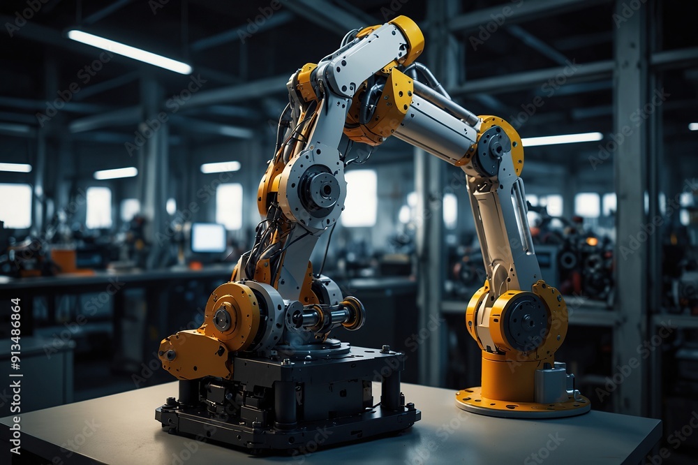 Automation, robotics engineer working on mechanical system of robotic arm. Concept of modern technology in industries, automated processes, automotive Automation, robotics engineer working on mechanical system of robotic arm. Concept of modern technology in industries, automated processes, automotive