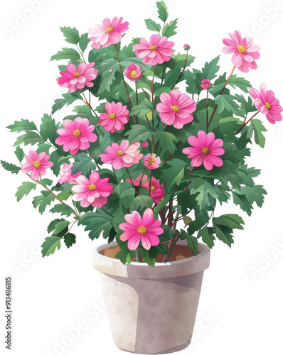 Watercolor Pink Flowers in a Ceramic Pot