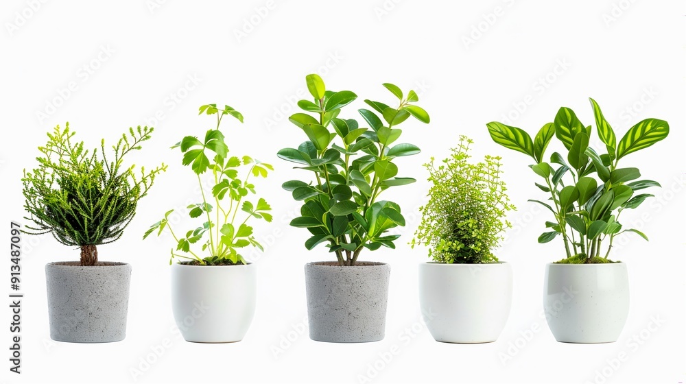 Obraz premium Set of Green houseplants in white cement pots isolated on white background.