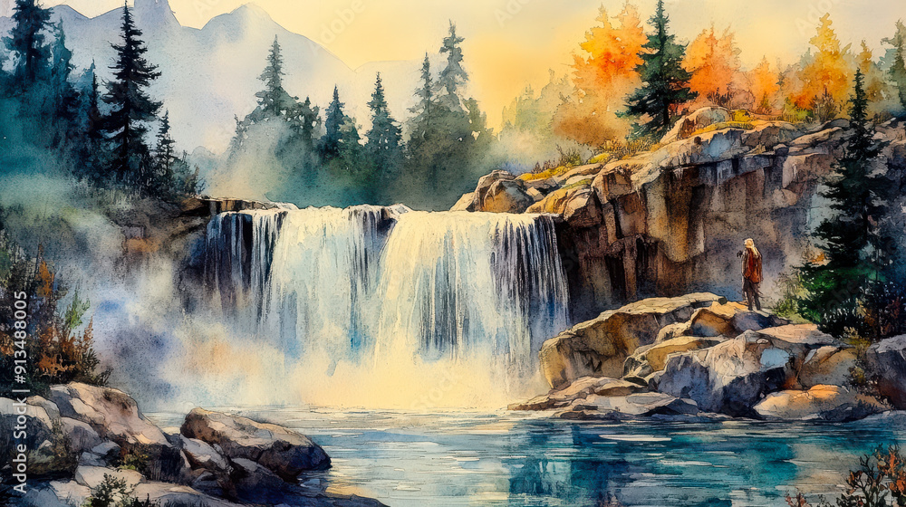 Serene Watercolor Landscape of a Rocky Waterfall Amidst Autumn Forest with Lone Hiker at Sunrise Serene Watercolor Landscape of a Rocky Waterfall Amidst Autumn Forest with Lone Hiker at Sunrise