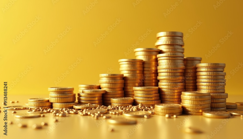 Gold Coins Stacked on Yellow Background. Gold Coins Stacked on Yellow Background.