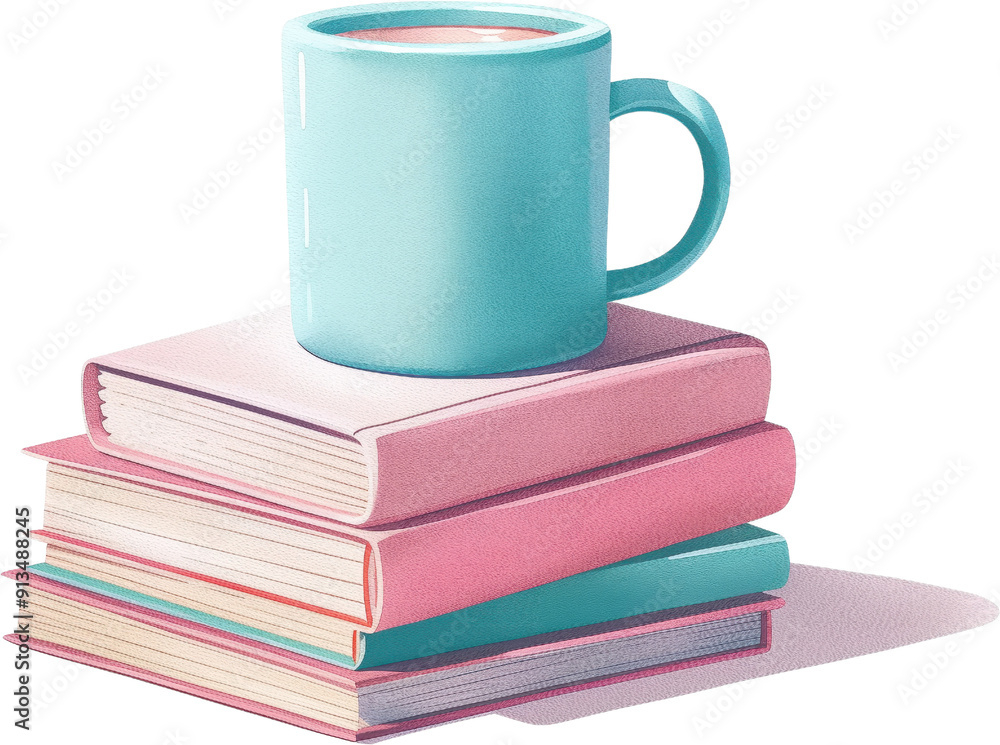 Watercolor Stack of Books with a Blue Mug Watercolor Stack of Books with a Blue Mug