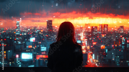 Lofi Tone Anime Illustration of Woman in Moody Nighttime Cityscape