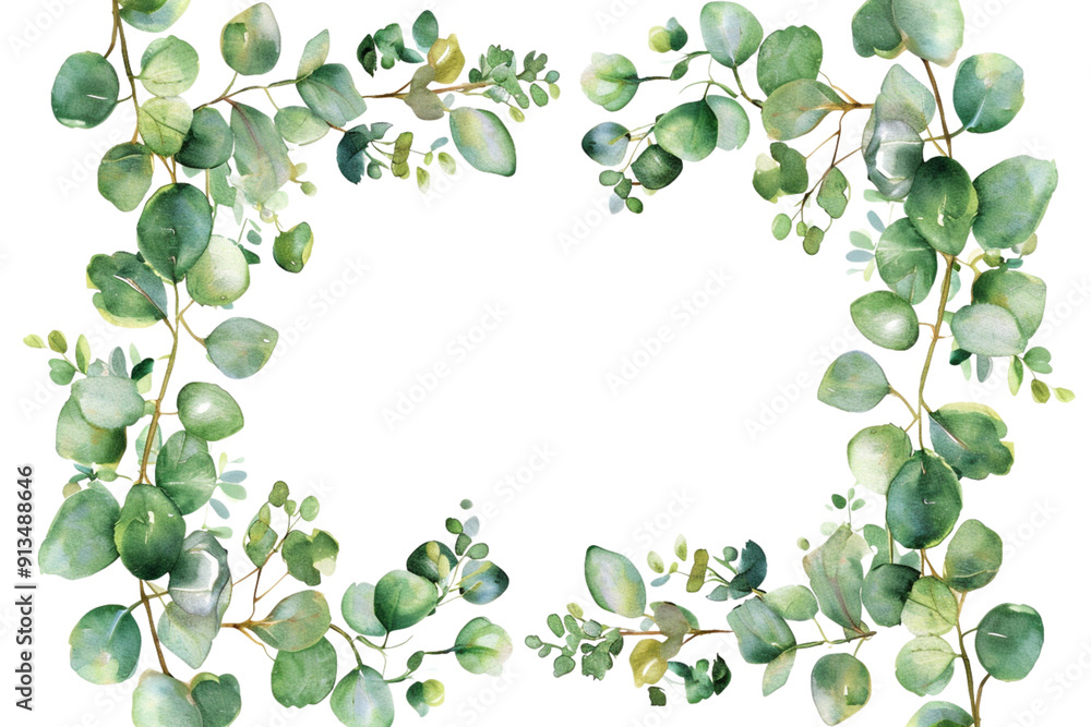 Watercolor frame with green eucalyptus leaves and branches. Hand drawn isolated on transparent background. Watercolor frame with green eucalyptus leaves and branches. Hand drawn isolated on transparent background.