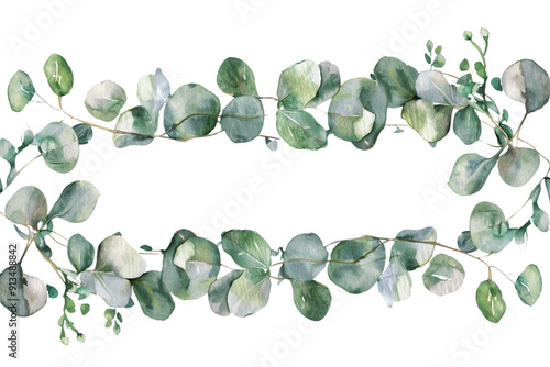 Watercolor frame with green eucalyptus leaves and branches. Hand drawn isolated on transparent background. photo