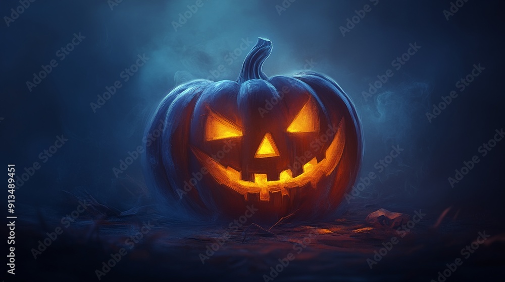A spooky jack-o-lantern with a sinister grin on a foggy night background A spooky jack-o-lantern with a sinister grin on a foggy night background