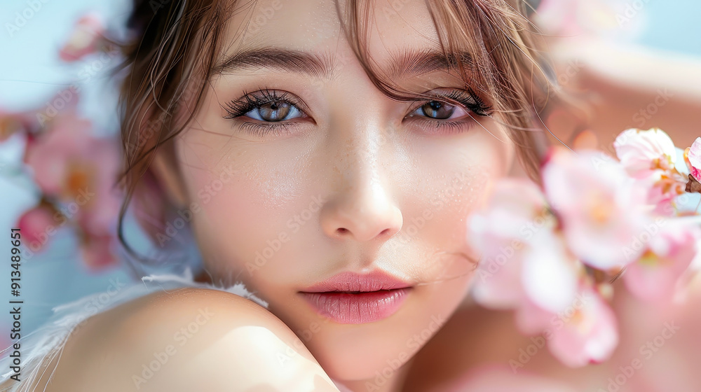 Close-Up Portrait of a Woman with Delicate Makeup and Cherry Blossoms, Soft Light, Beauty and Skincare Concept, Spring Freshness and Natural Elegance Close-Up Portrait of a Woman with Delicate Makeup and Cherry Blossoms, Soft Light, Beauty and Skincare Concept, Spring Freshness and Natural Elegance