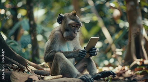 A monkey using a tablet in a jungle setting illustrating the durability of a rugged tech device