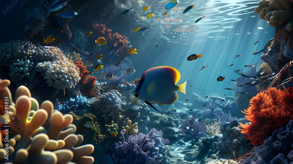 Fototapeta premium Colorful Fish Swimming in a Vibrant Coral Reef.
