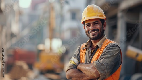 Portrait of a smiling construction worker wearing a yellow hard hat and orange safety vest, with a blurred background of a construction site.
