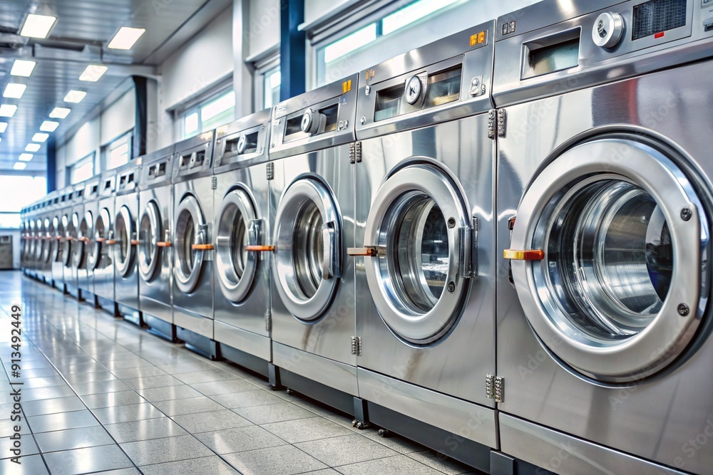 A row of silver washers and dryers are lined up in a laundromat A row of silver washers and dryers are lined up in a laundromat