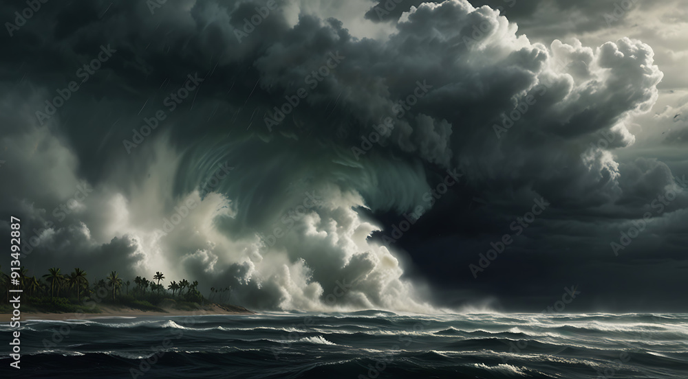 Fototapeta premium Illustration of a Hurricane Making Landfall with Wind and Rain Effects Spreading Over a Coastal Area, Featuring Ample Copy Space for Adding Text or Additional Information