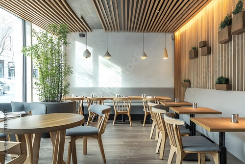 Interior design with wooden round table and chairs. Modern dining room with white wall. Cafe, bar or restaurant interior design.