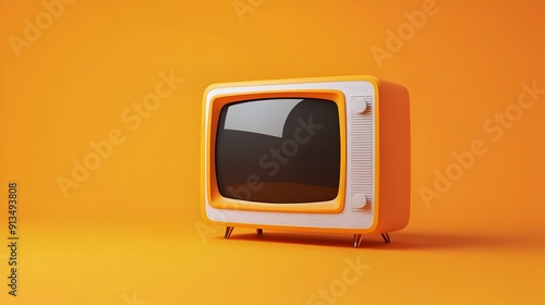 Vintage Three Dimensional White Television on Orange Background