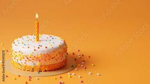 Orange Birthday Cake with Single Lit Candle