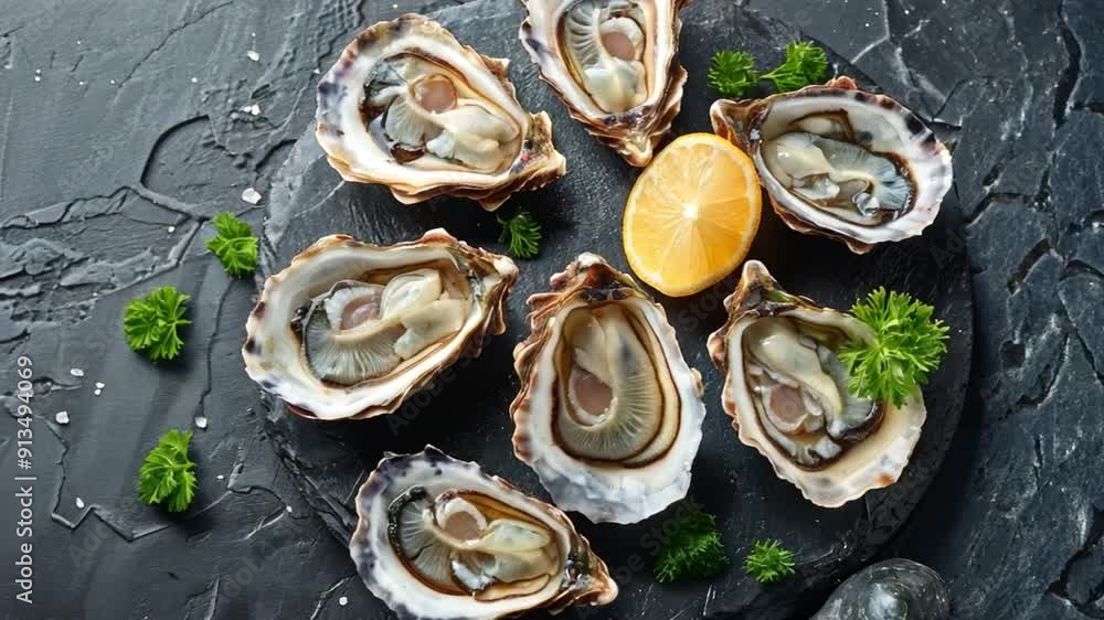 A platter of freshly shucked oysters arranged on a black slate serving board alongside lemon wedges and green garnishes. A platter of freshly shucked oysters arranged on a black slate serving board alongside lemon wedges and green garnishes.