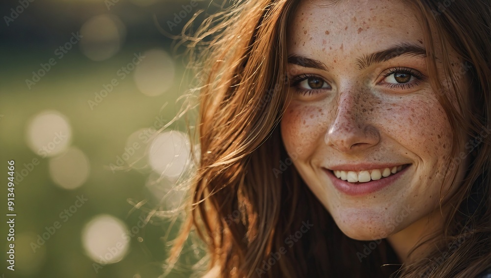Beautiful young woman with long brown hair and freckles is smiling in the sunshine Beautiful young woman with long brown hair and freckles is smiling in the sunshine