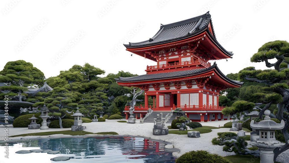 Detailed Japanese Pagoda Illustration with Serene Garden, Koi Pond, and Bonsai Trees Detailed Japanese Pagoda Illustration with Serene Garden, Koi Pond, and Bonsai Trees