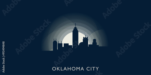 Oklahoma City cityscape skyline panorama vector flat banner illustration. USA, America state emblem idea with landmarks and building silhouettes at sunrise sunset night