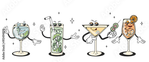 A set of retro cocktails with groove-style characters with different poses and emotions. Gin tonic, aperol spritz, martini, mojito. Vintage design of quirky characters with a modern twist