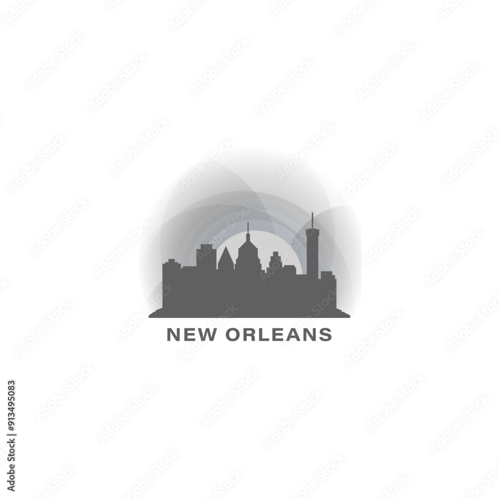 Fototapeta premium New Orleans skyline, downtown panorama logo, logotype. USA, Louisiana state badge contour, isolated vector pictogram with city hall, monuments, landmarks, skyscrapers at sunrise, sunset