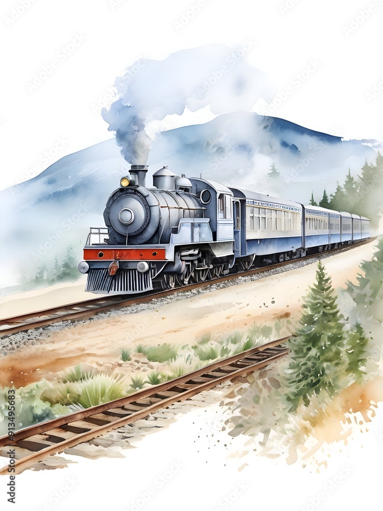Naklejka premium Train Watercolor Landscape Nature Art