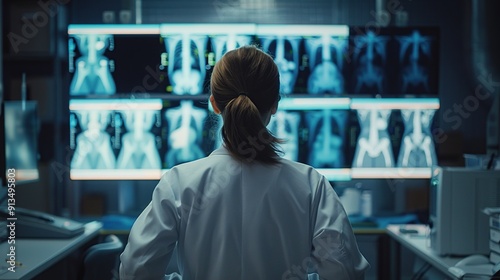 Doctor examining X-rays in a dark room.
