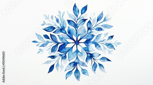 Elegant Watercolor Snowflake Icon Delicate Winter Symbol Isolated on White Background Beautiful Minimalist Graphic Design of a Blue Snowflake for Holiday Christmas or Winter Concepts