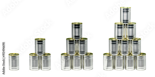 Sets of food cans stacked in prime numbers isolated on a white background