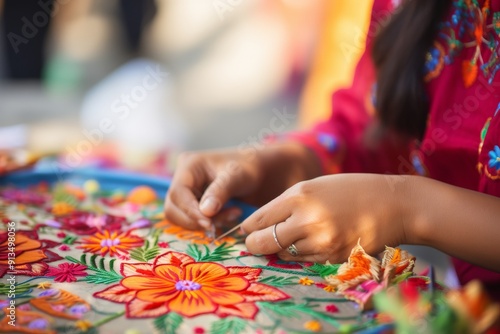 Close up of skilled hands creating colorful embroidery on fabric, learning intricate stitching