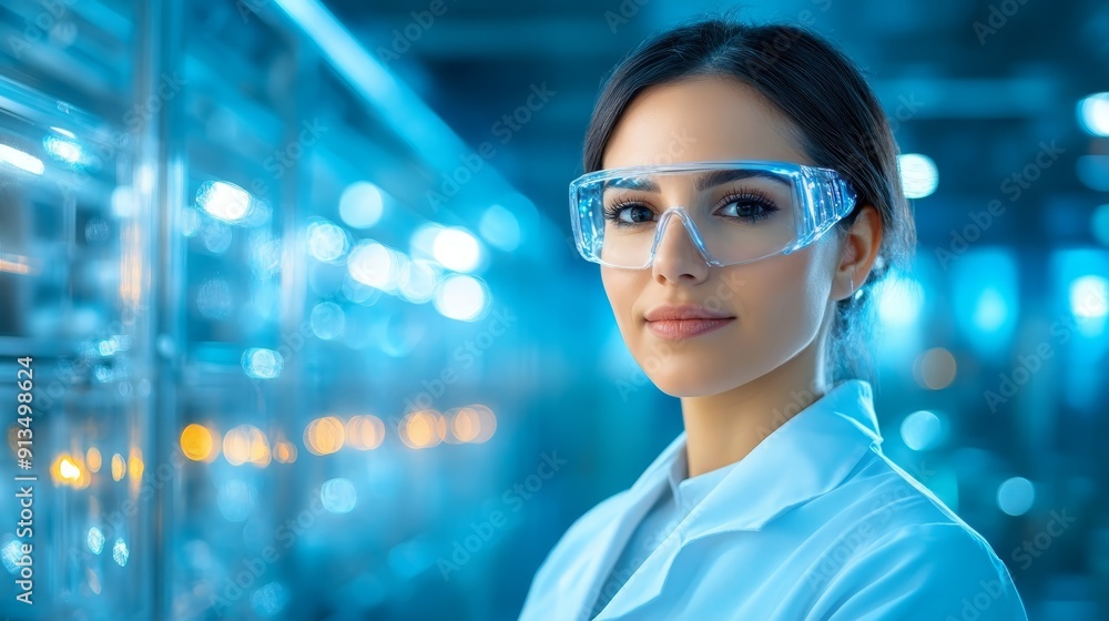 Young Female Scientist in Laboratory with Safety Glasses Young Female Scientist in Laboratory with Safety Glasses