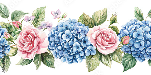 Watercolor blue hydrangeas and pink roses, generative AI