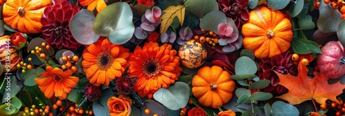 Wallpaper Mural Vibrant Halloween floral arrangement with colorful orange foliage flower petals pumpkins and green leaves Torontodigital.ca