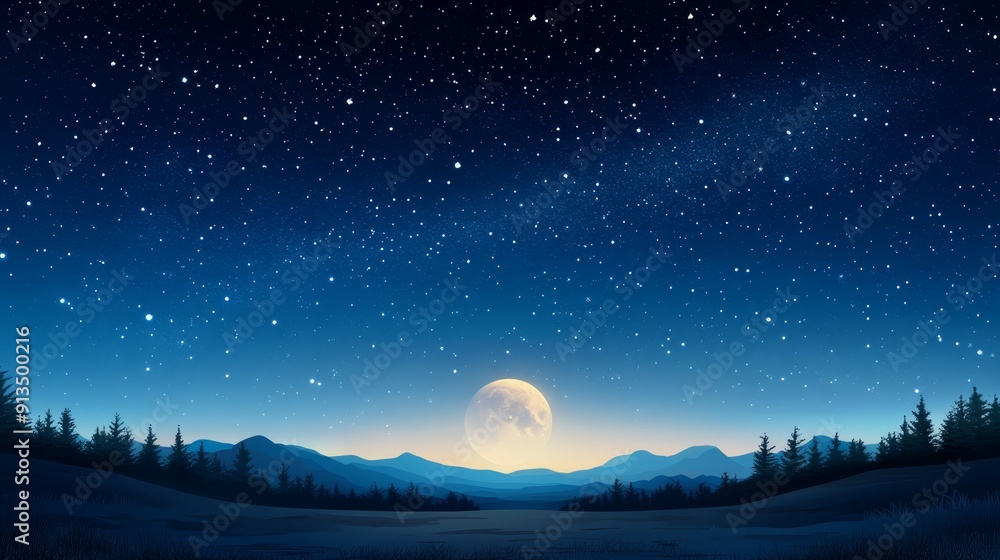 Fototapeta premium Starry Night with Full Moon Over Mountain Landscape